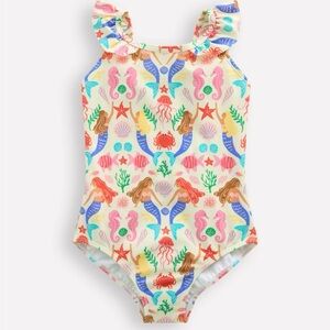 Mini Boden Cream One-Piece Swimsuit with Colorful Mermaid Print